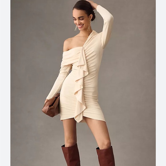 Anthropologie MISHA Long-Sleeve Ruffle-Front Slim Mini Dress NEW XS - Picture 1 of 4